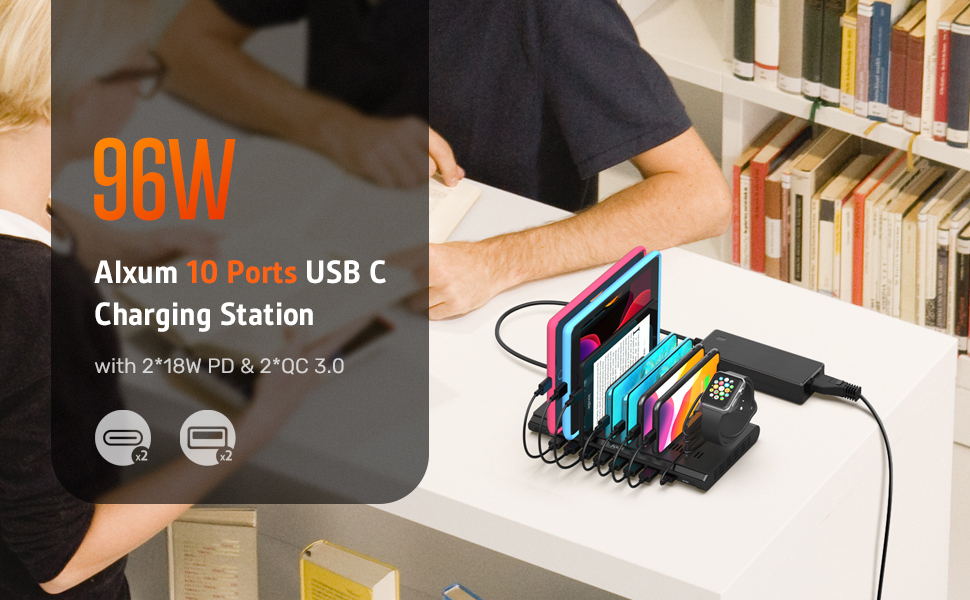 10 Port QC 3.0 USB C Charging Station 96W iWatch Stander
