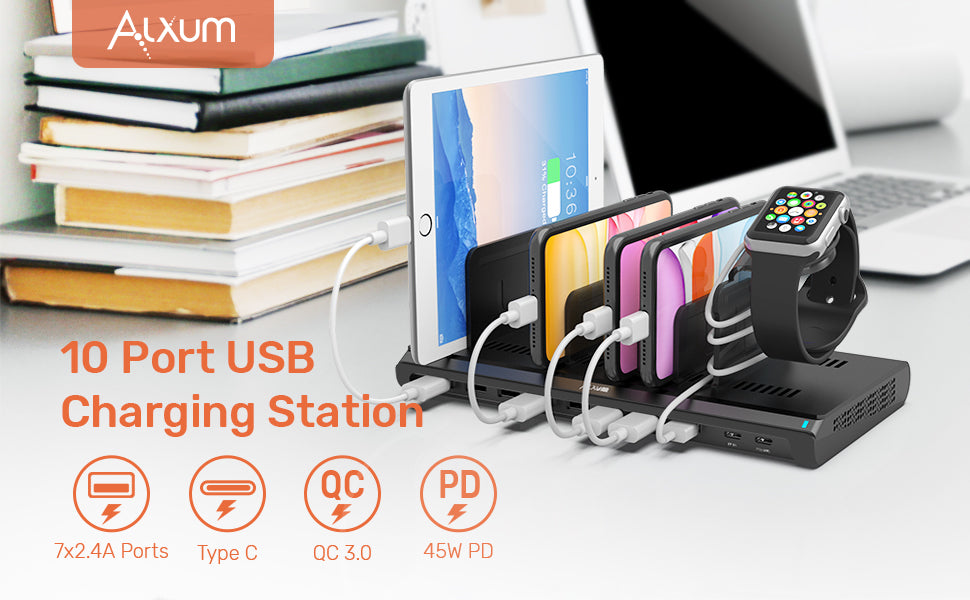 10 Ports USB C Charging Station with iWatch Charger Stand