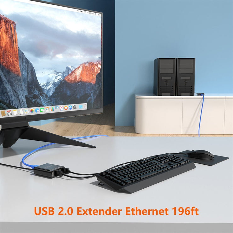USB 2.0 Ethernet Extender Hub 4-Port Over Cat5 Cat5e Cat6 (60M 196FT)