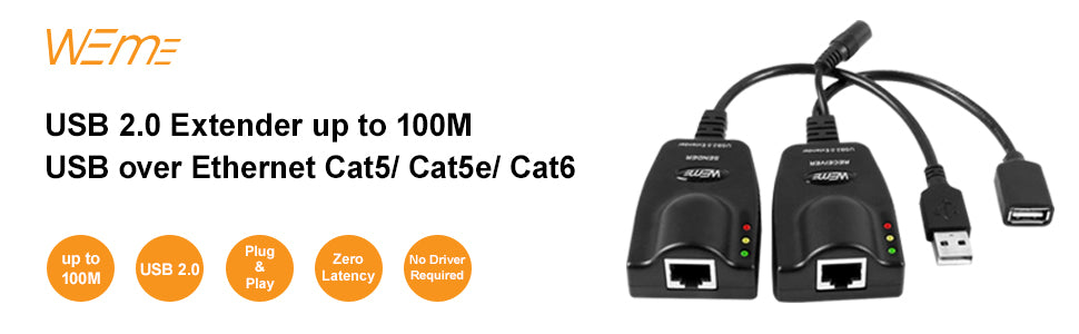 USB 2.0 Cable Extender to RJ45 Over Cat5/5E/6 (100M/328FT)